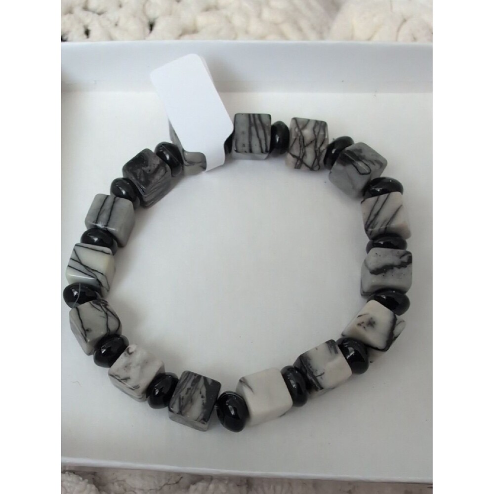 Spider Web Jasper And Black Agate Stretch Bracelet, 8 inches